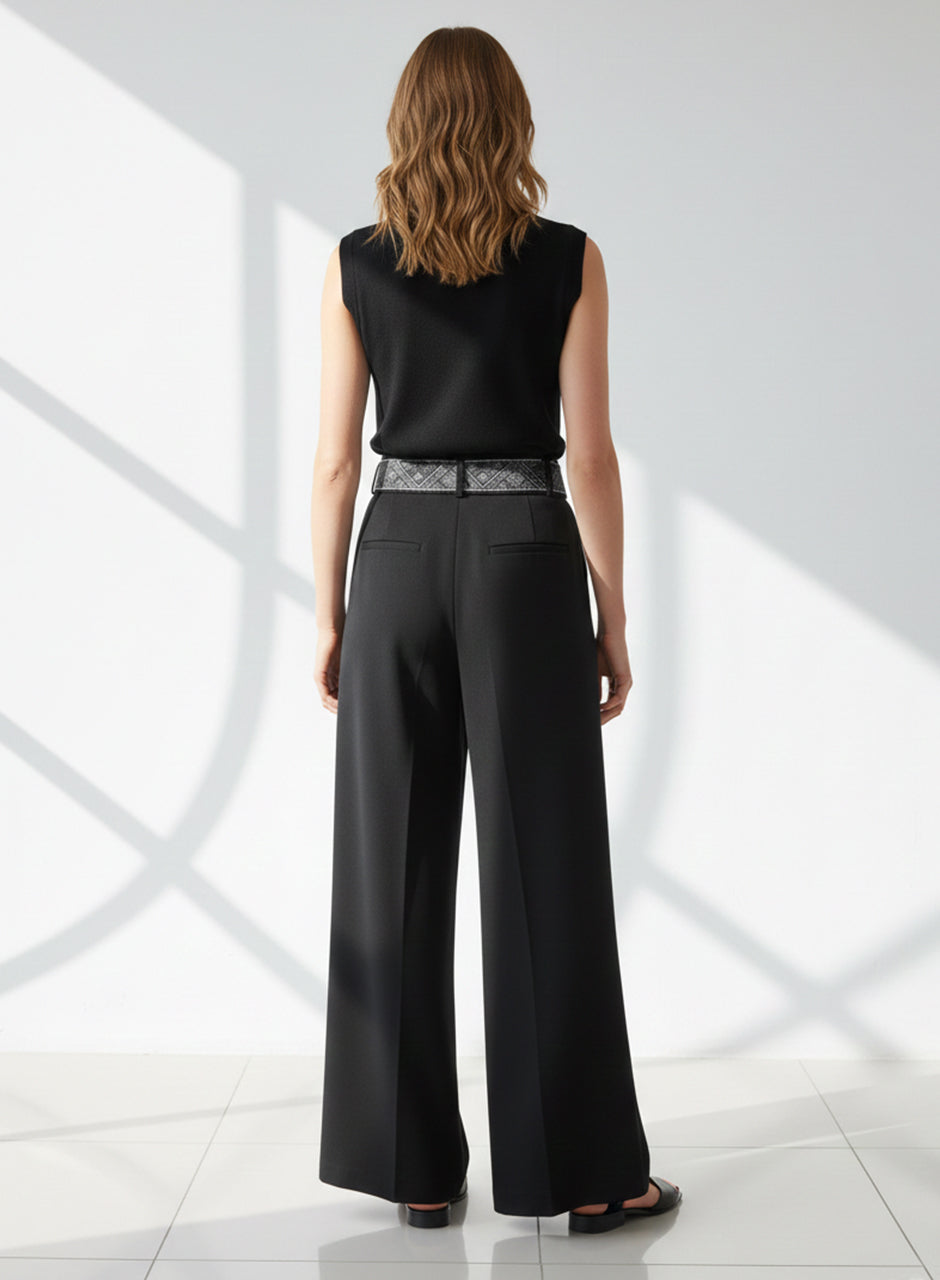 Ribbon Belt Wide-Leg Trouser (Black)