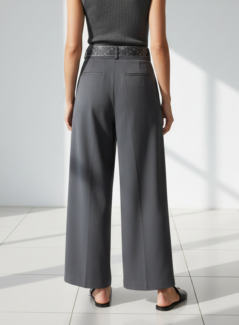 Ribbon Belt Wide-Leg Trouser (Grey)