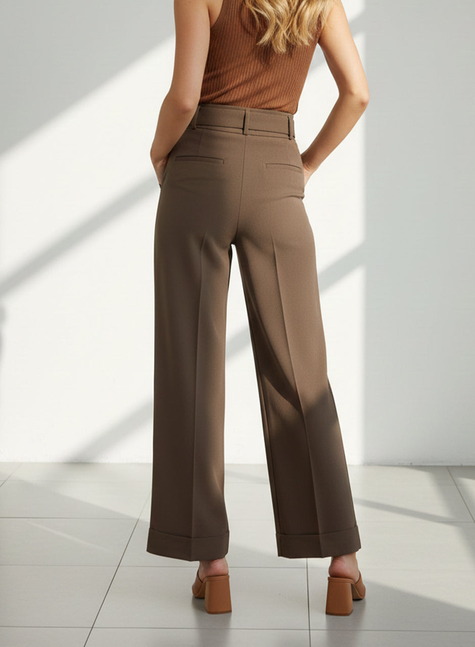 Wide-Leg Trouser With Belt (Dark Brown)