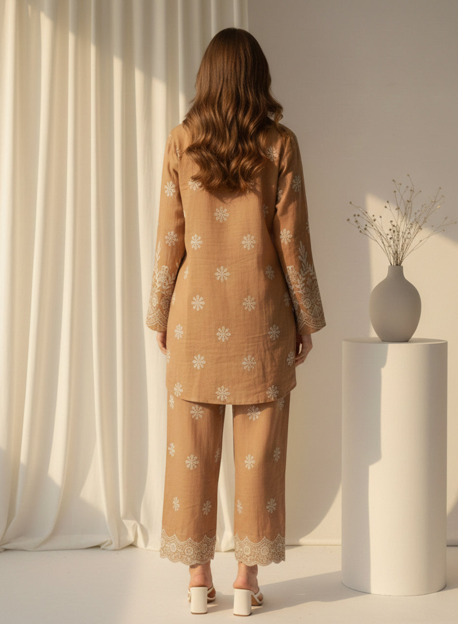 Embroidered Two-piece Shirt & Trouser (Brown)