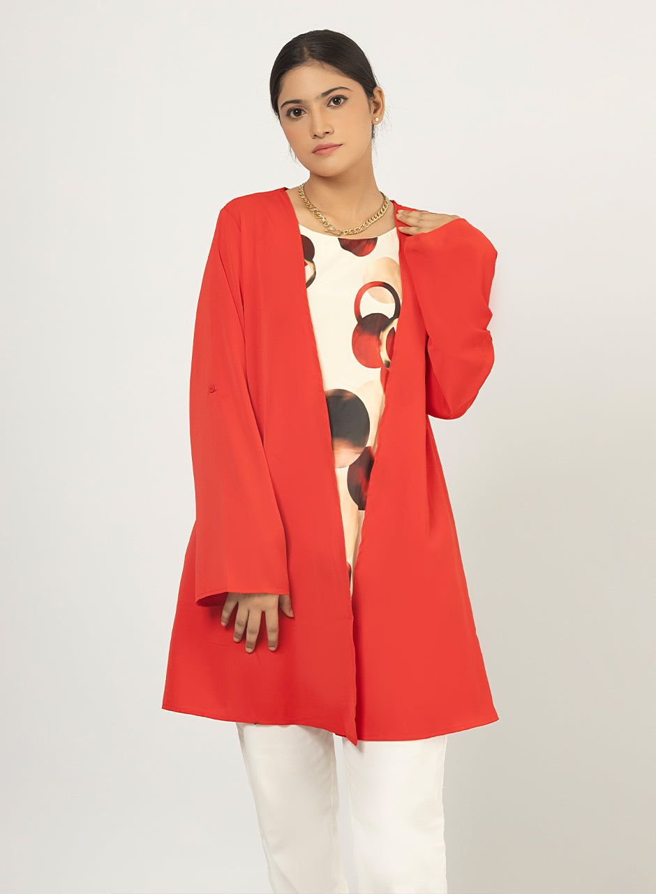 Red Cardigan With Printed Inner Top