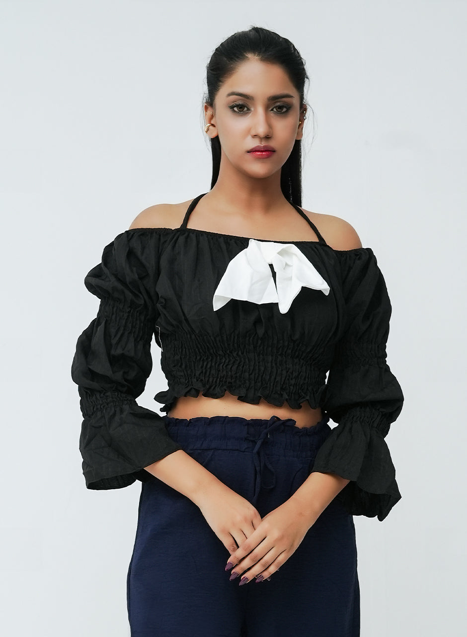 Pleated Bow Top- Black