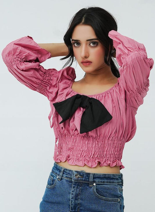 Pleated Bow Top- Mauve