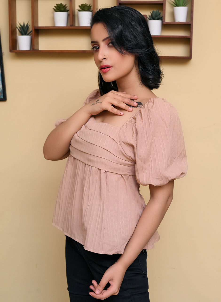 Brown Pleated Top with Puff Sleeves