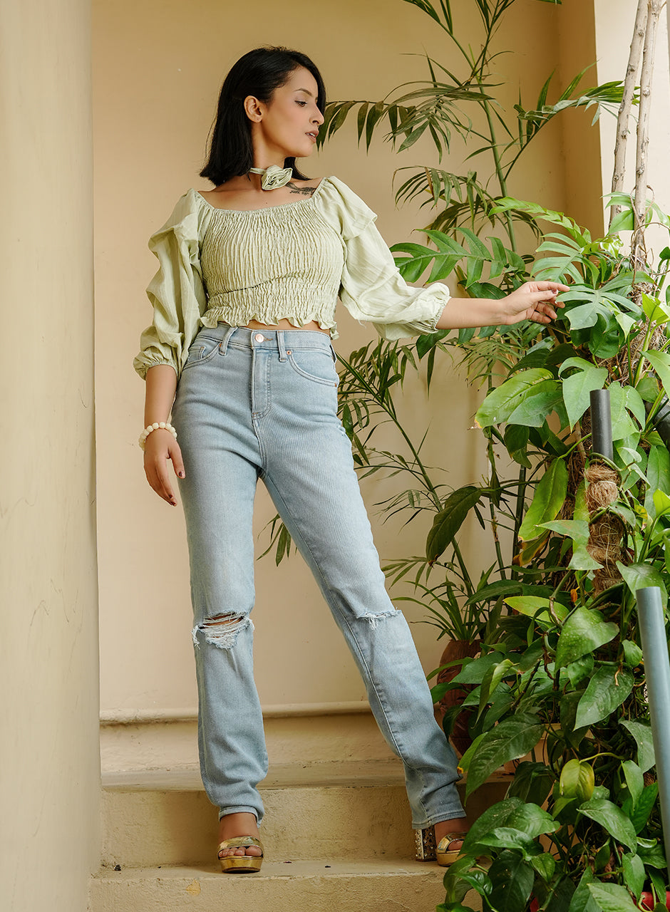 Pastel Green Pleated Top with Rose-Shaped Neck Piece