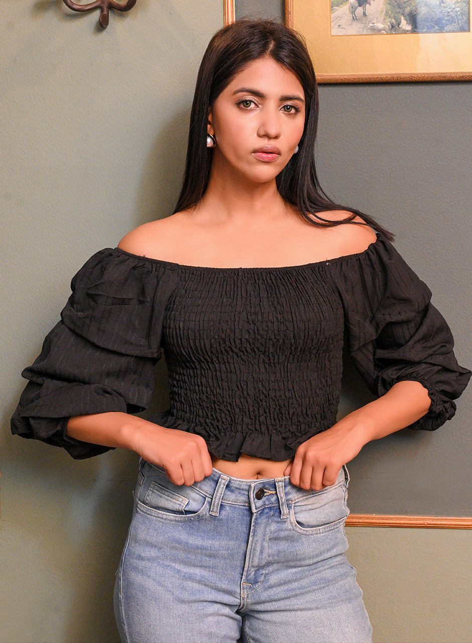 Black Off-shoulder Pleated Crop top