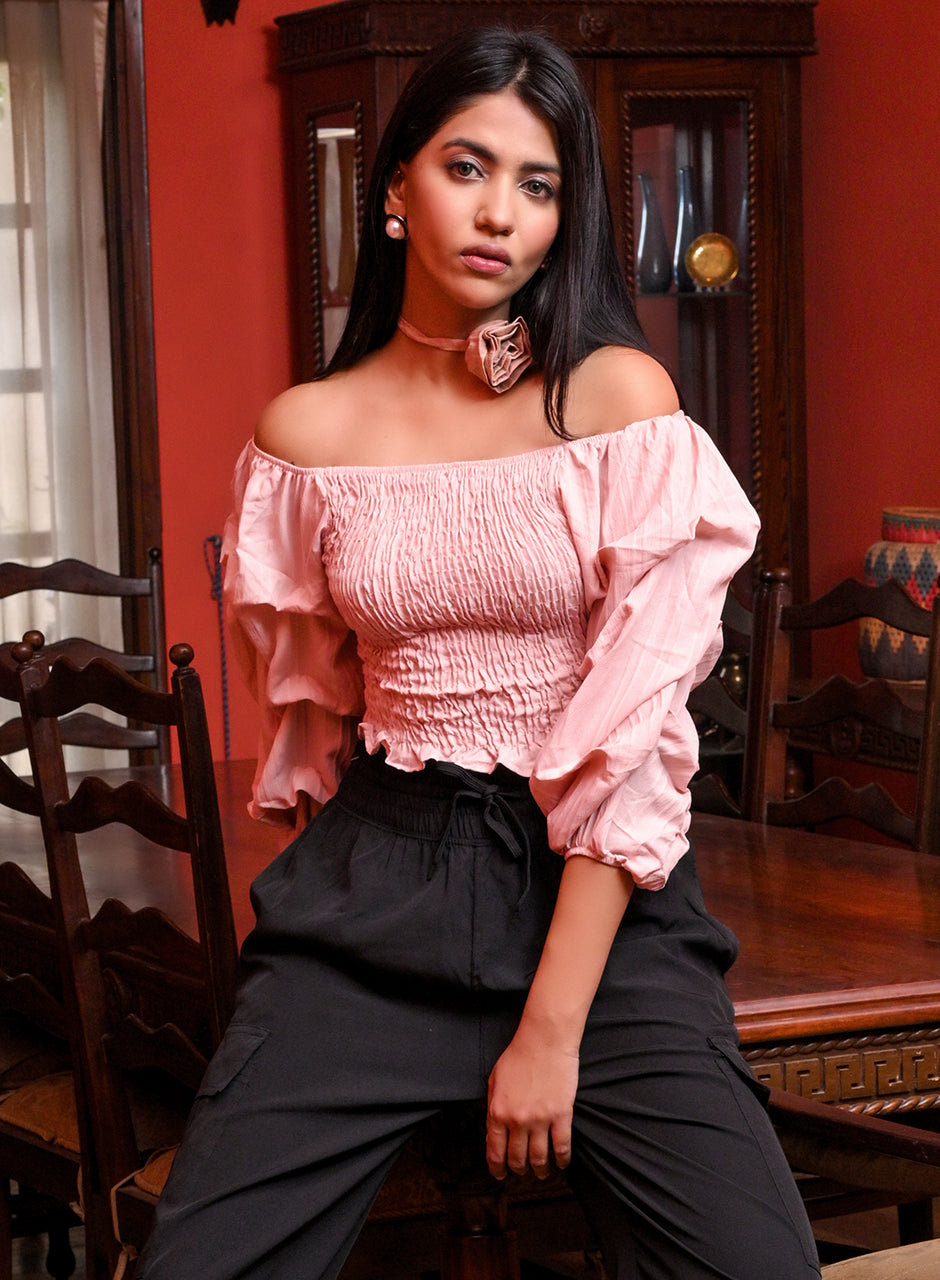 Off-shoulder Pleated Top - Pink