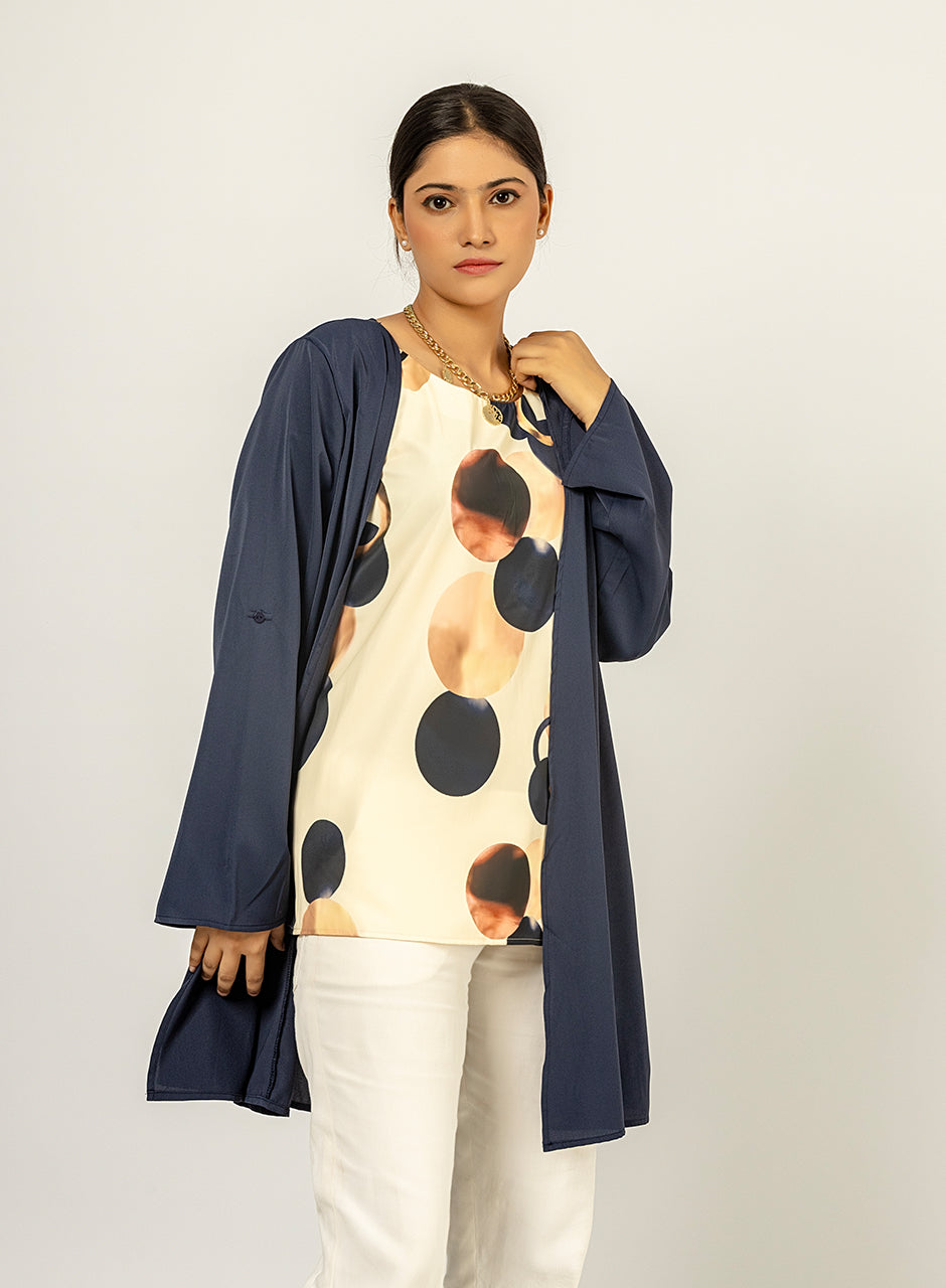 Navy Blue Cardigan With Printed Inner Top