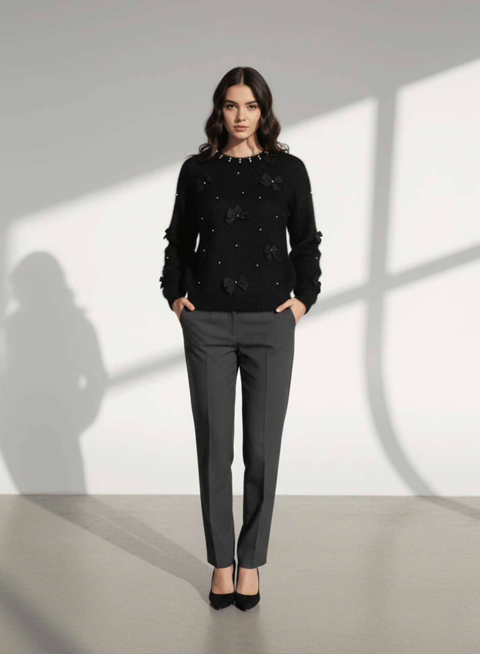 Fuzzy Bow Sweater - Black