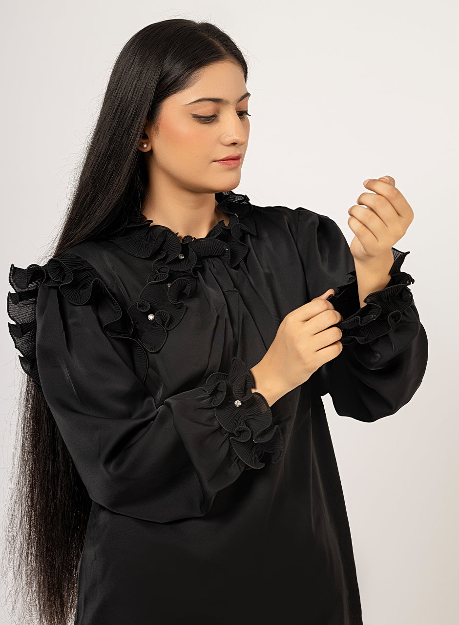 Black Ruffle Top With Gemstone