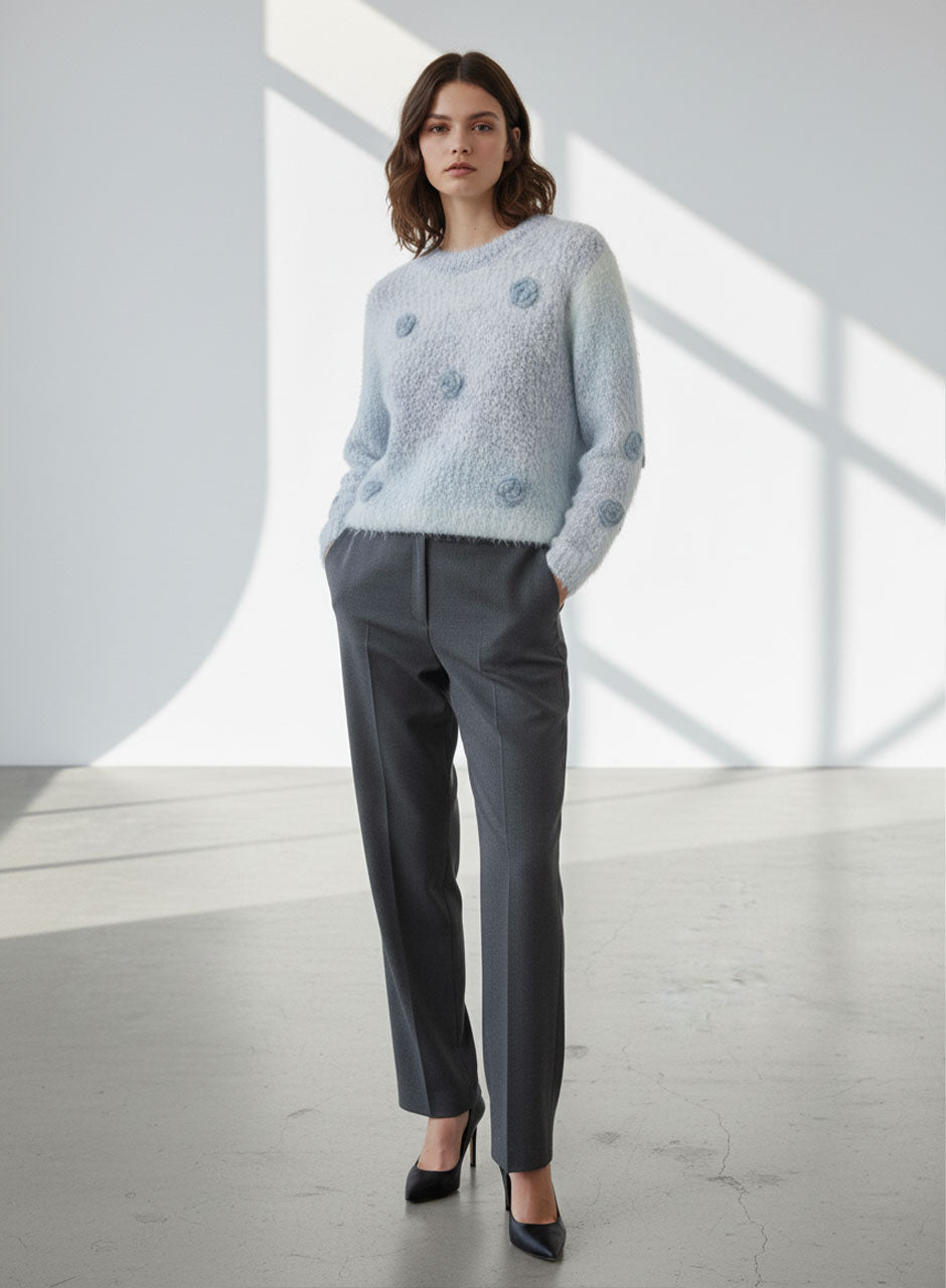 Fuzzy Bloom Knit Sweater - Grey