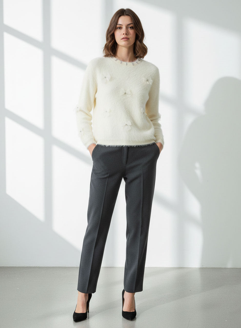 Fuzzy Bow Sweater - Ivory