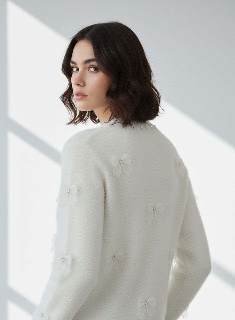 Fuzzy Bow Sweater - White