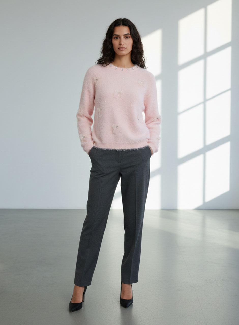 Fuzzy Bow Sweater - Pink