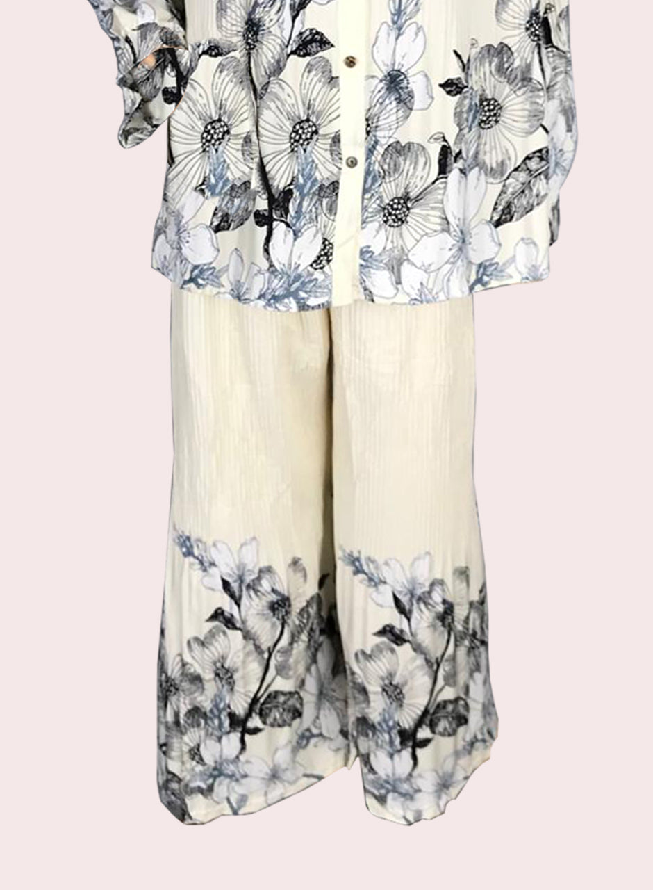 Printed Crepe Shirt & Trouser - White