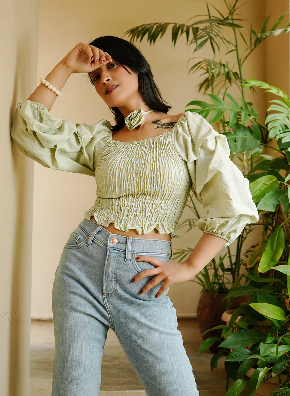 Pastel Green Pleated Top with Rose-Shaped Neck Piece