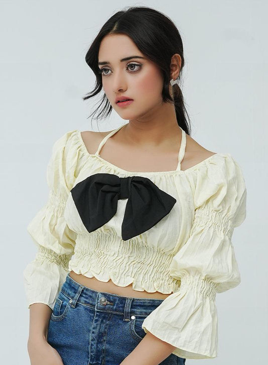 Pleated Bow Top - Light Yellow