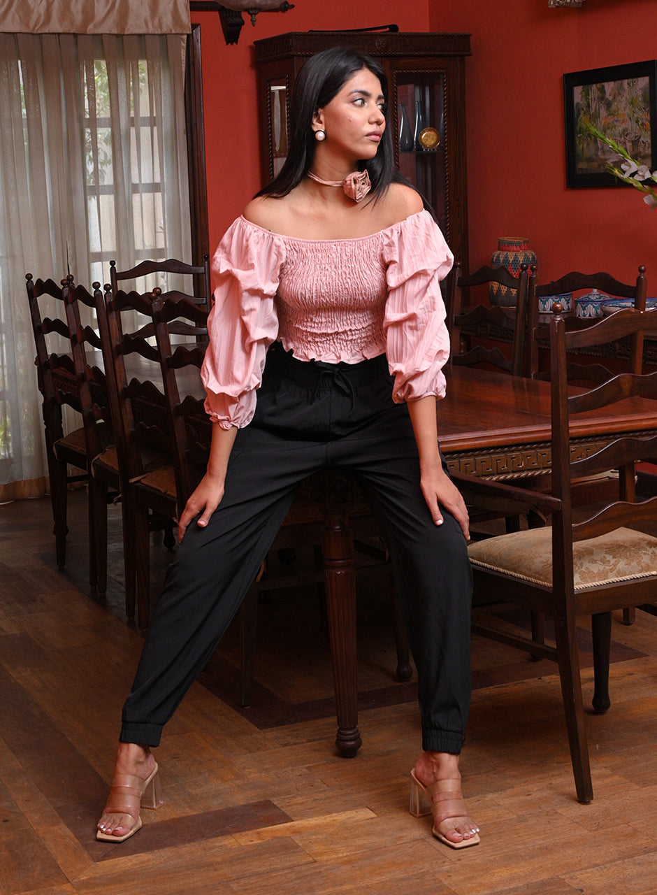 Off-shoulder Pleated Top - Pink