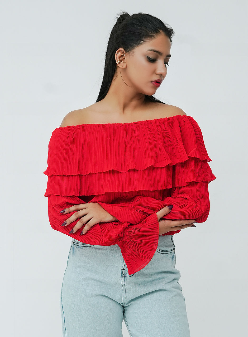 Layered Off-Shoulder Top - Crimson