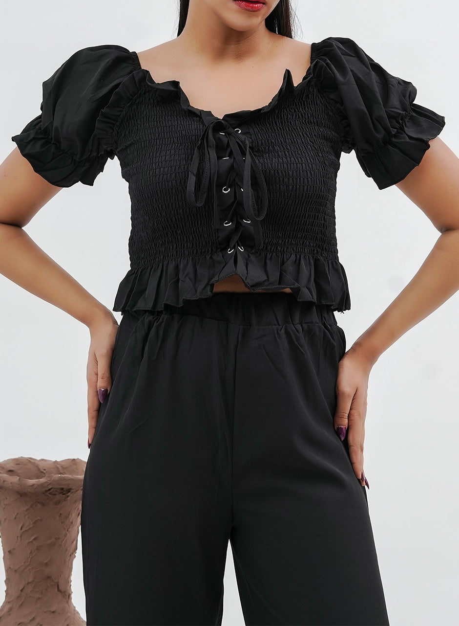 Pleated Crop Top & Pants Set - Black