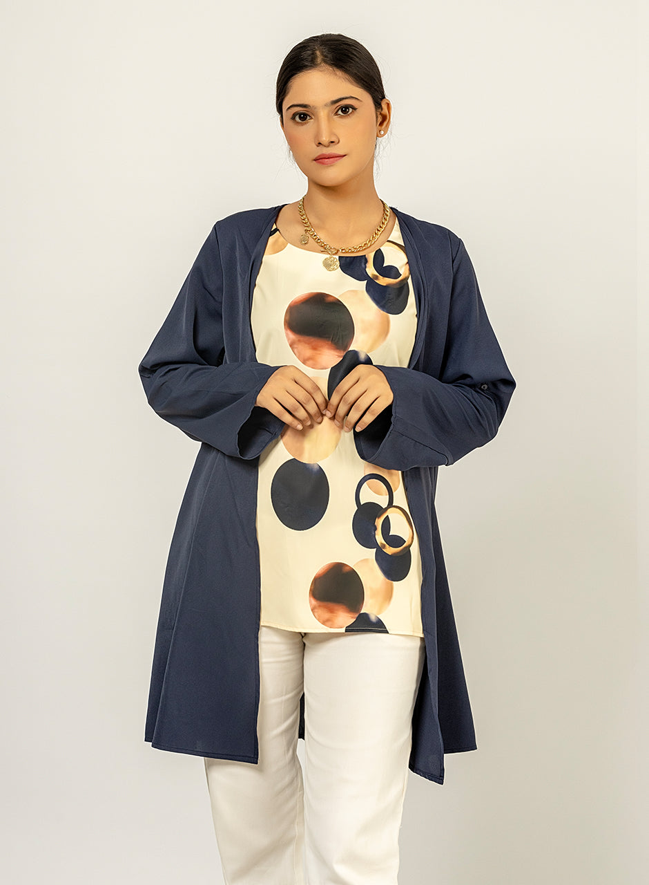 Navy Blue Cardigan With Printed Inner Top