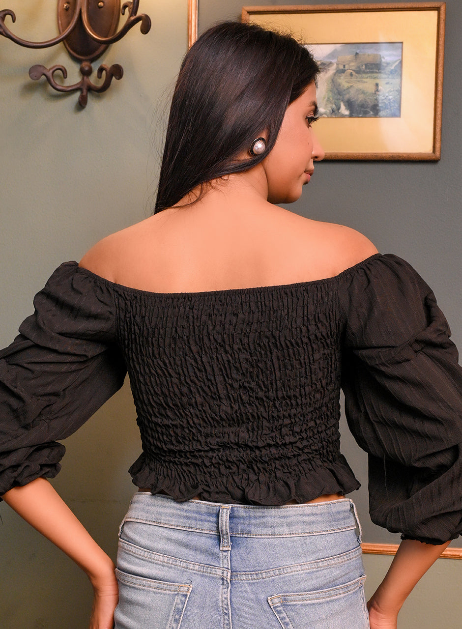 Black Off-shoulder Pleated Crop top