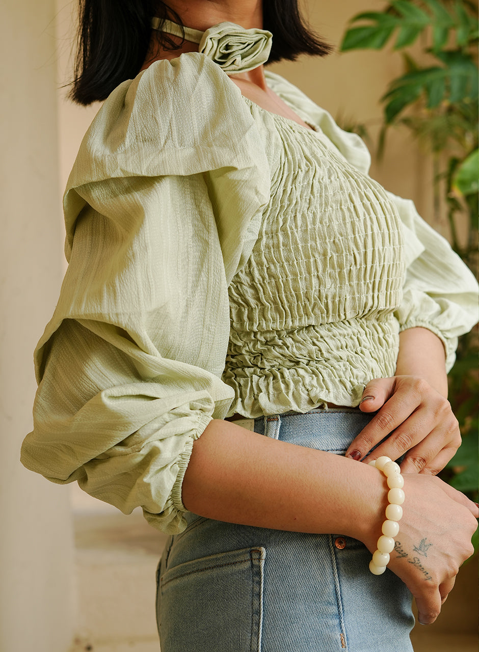 Pastel Green Pleated Top with Rose-Shaped Neck Piece