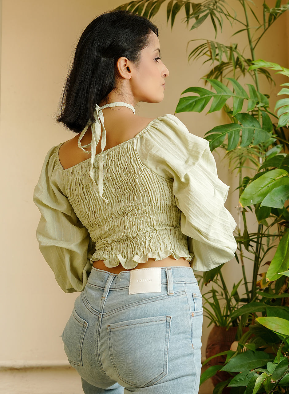 Pastel Green Pleated Top with Rose-Shaped Neck Piece