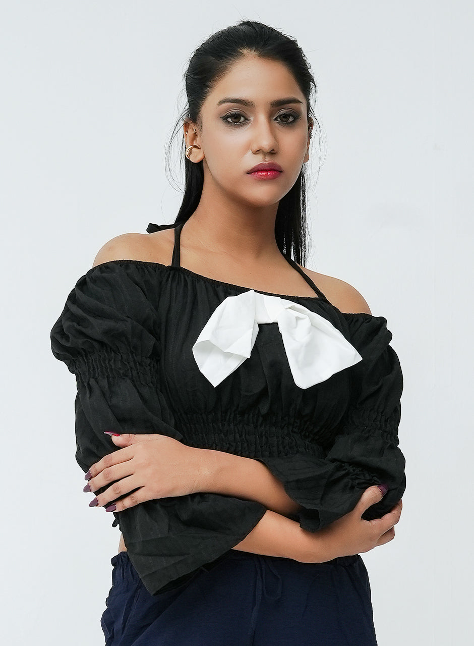 Pleated Bow Top- Black