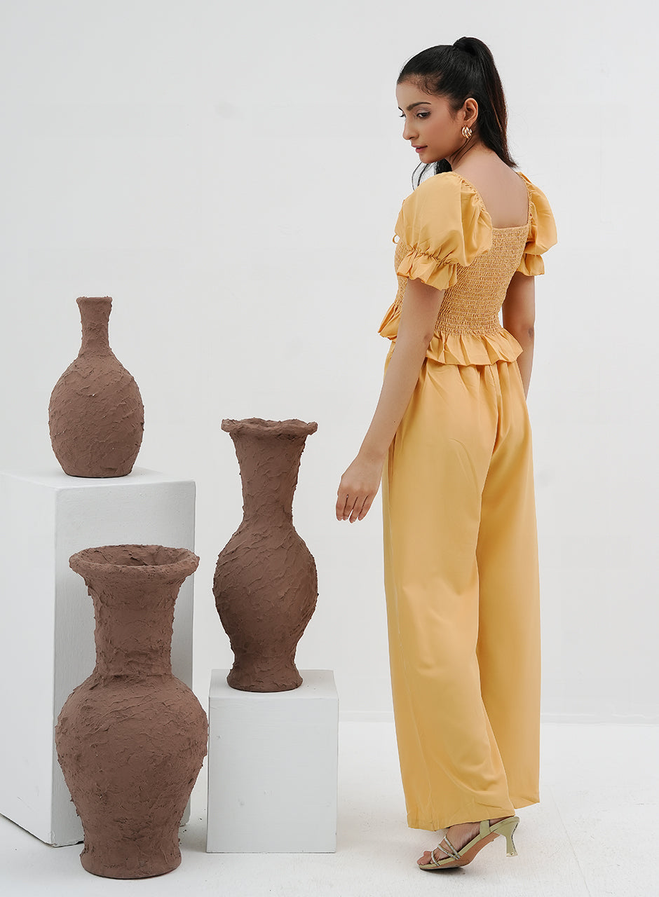 Pleated Crop Top & Pants Set - Yellow