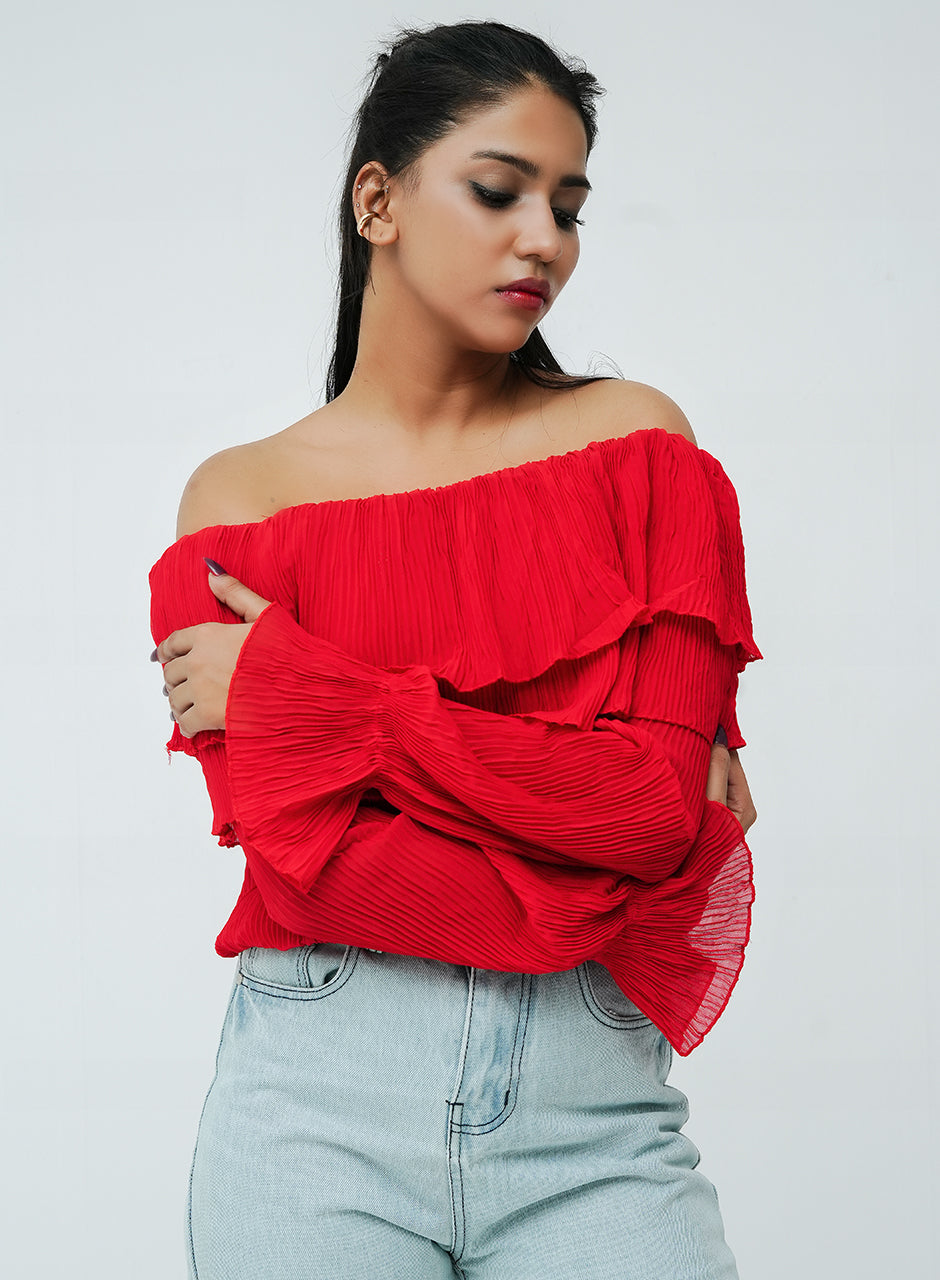 Layered Off-Shoulder Top - Crimson