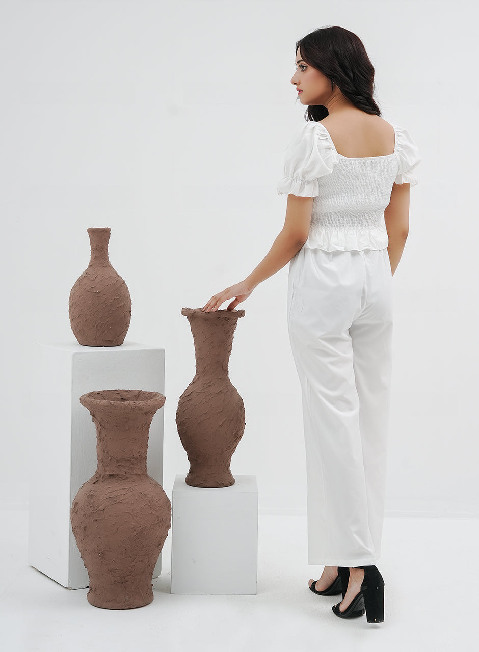 Pleated Crop Top & Pants Set - Pearl White