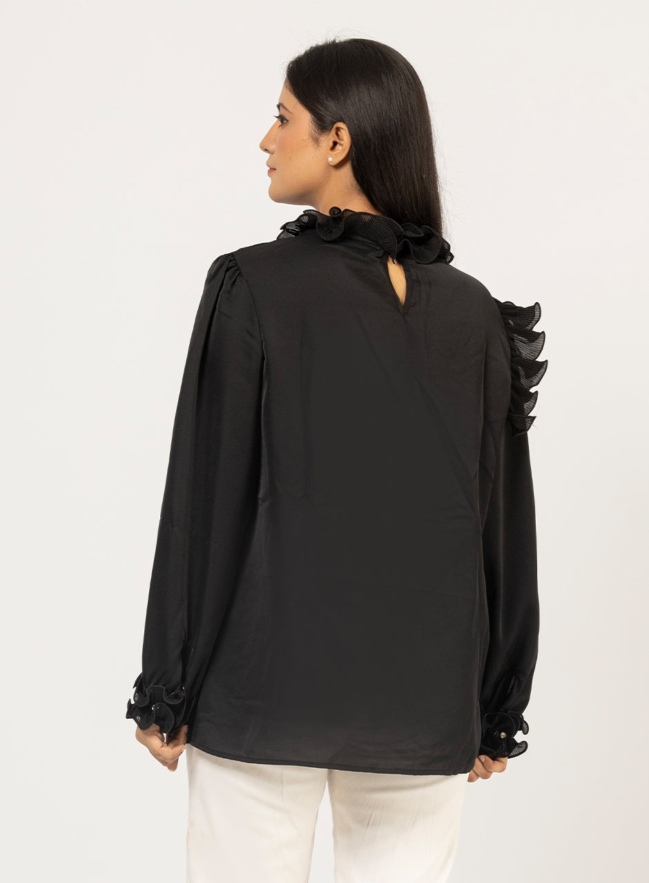 Black Ruffle Top With Gemstone