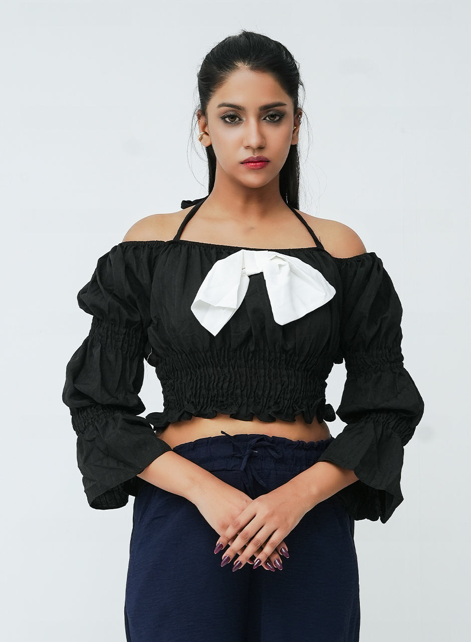 Pleated Bow Top- Black