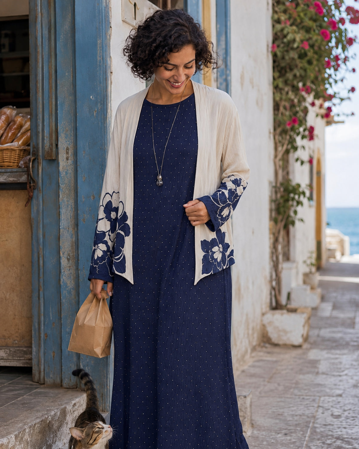 Two-Piece Floral Print Maxi Dress & Cardigan Set - Navy Blue