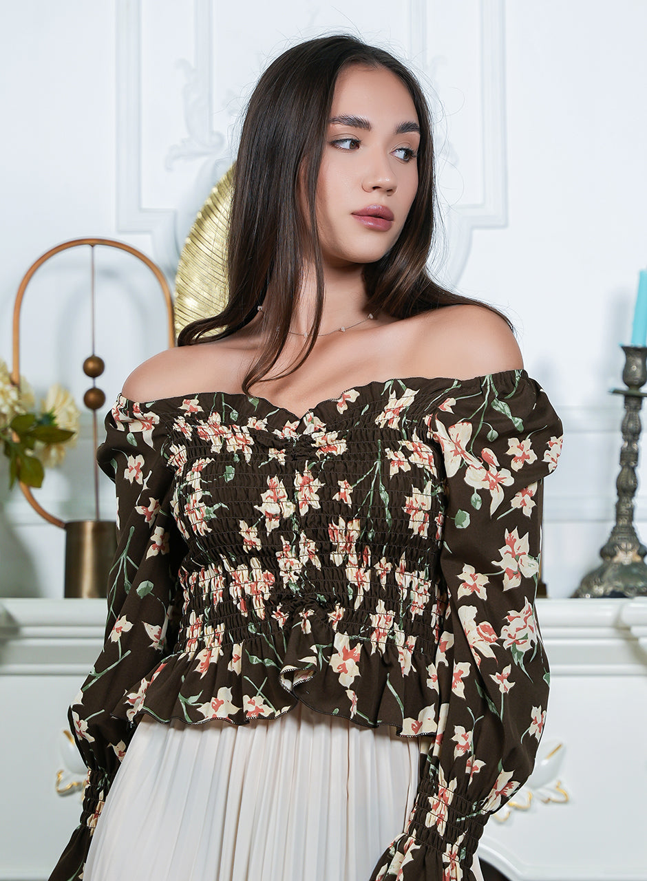 Bloom Burst – Brown Frilled Top