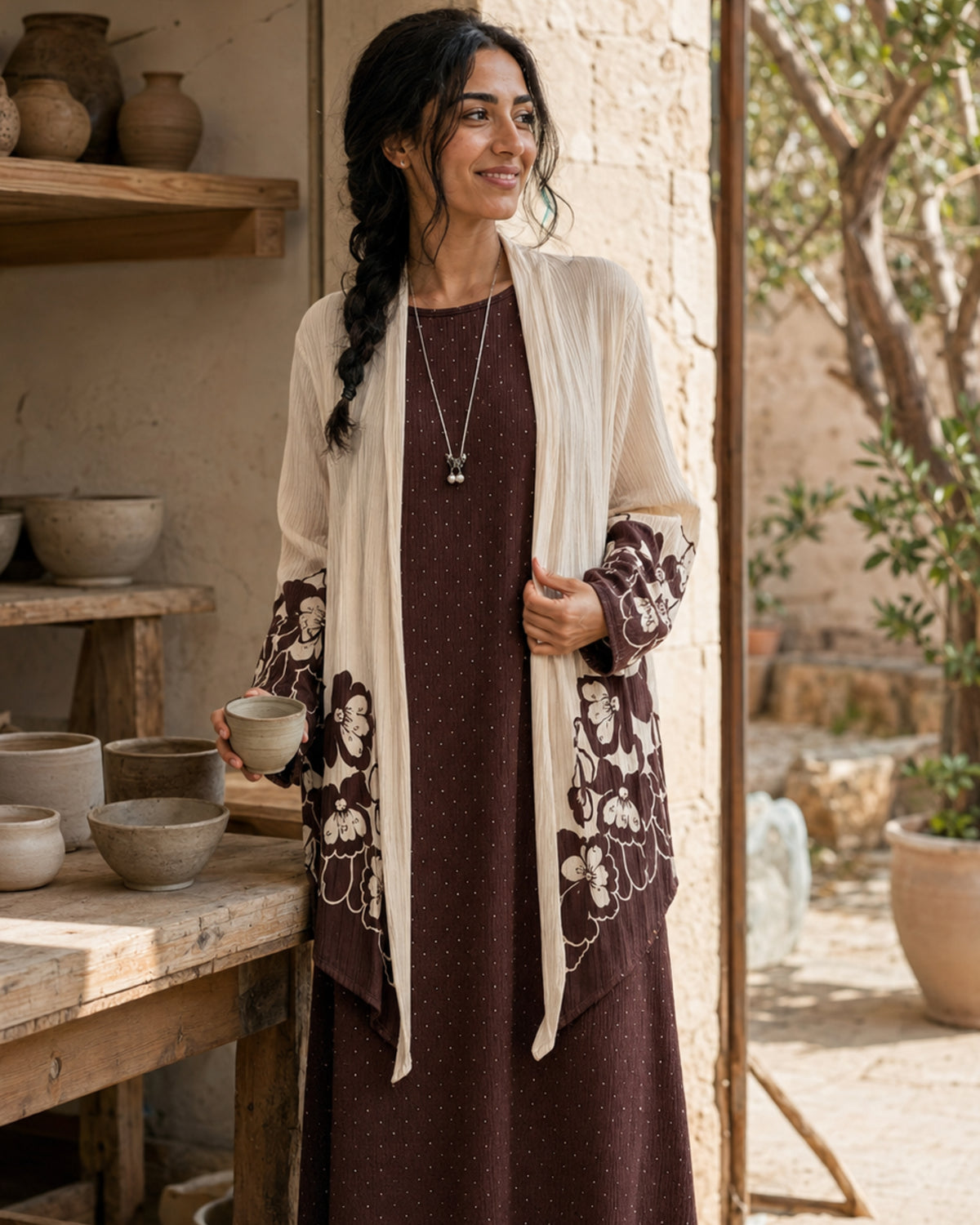 Two-Piece Floral Print Maxi Dress & Cardigan Set - Chocolate Brown