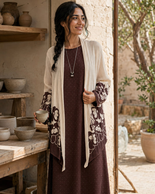 Two-Piece Floral Print Maxi Dress & Cardigan Set - Chocolate Brown