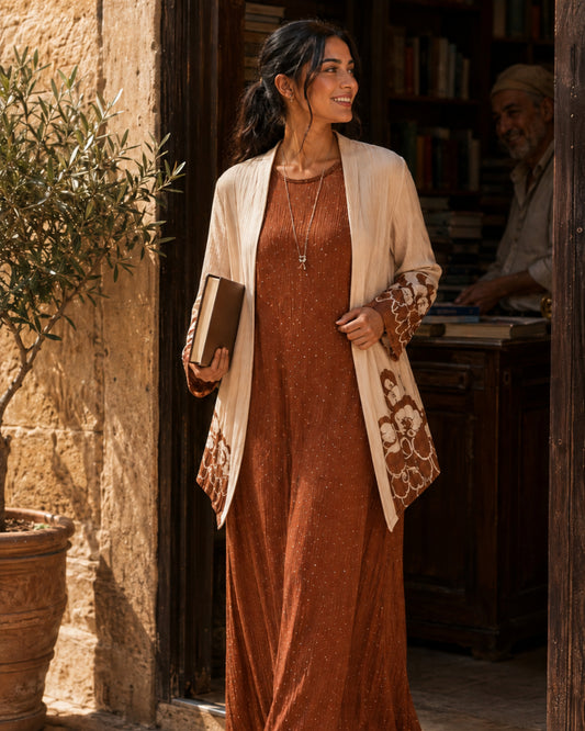 Two-Piece Floral Print Maxi Dress & Cardigan Set - Brown