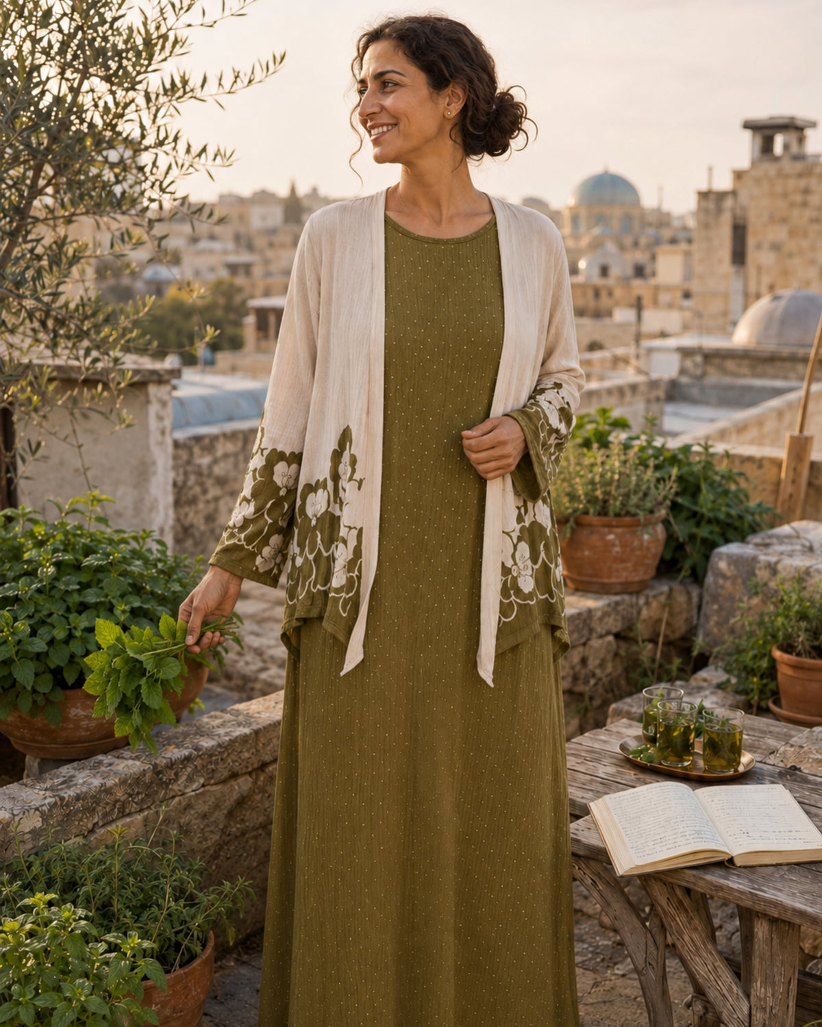 Two-Piece Floral Print Maxi Dress & Cardigan Set - Olive Green