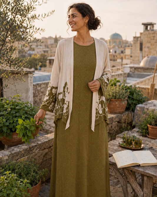Two-Piece Floral Print Maxi Dress & Cardigan Set - Olive Green