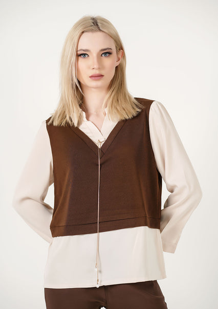 Layered Luxe: Two-Tone Knit Vest and Silk Shirt Ensemble