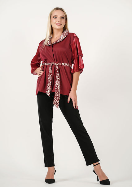 Wild Elegance: Burgundy Satin Scarf-Detail Shirt