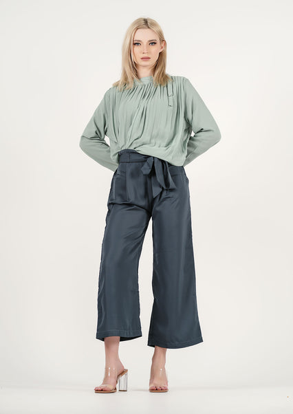 Minted Serenity: Pleated Detail Silk Shirt
