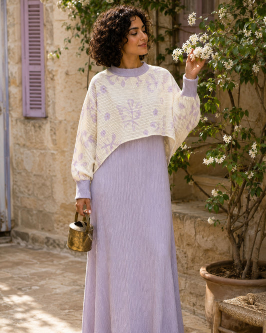 Two-Piece Butterfly Print Pleated Dress - Purple