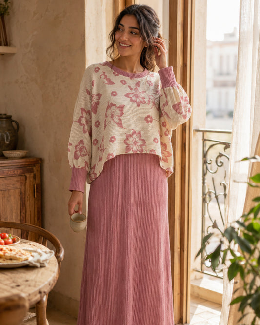 Two-Piece Butterfly Print Pleated Dress - Pink