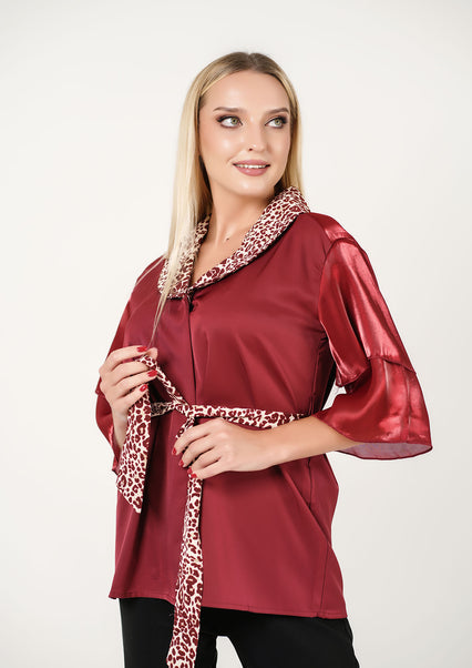 Wild Elegance: Burgundy Satin Scarf-Detail Shirt