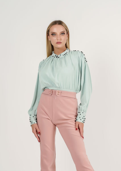 Chic Mint Breeze: The Sparkle-Adorned Top That Speaks Style