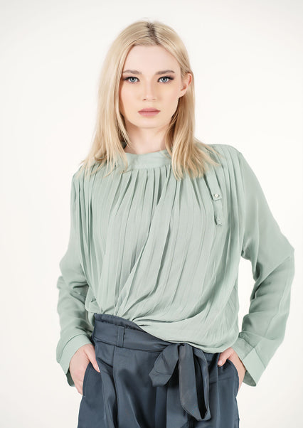 Minted Serenity: Pleated Detail Silk Shirt