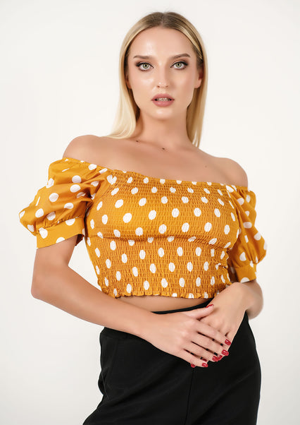 Retro Charm: Polka-Dot Puff-Sleeve Crop Top